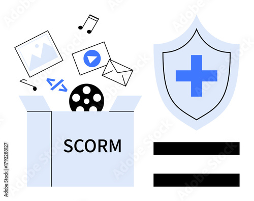 Open SCORM box with multimedia icons, code, and emails alongside a security shield. Ideal for e-learning, content delivery, education technology, cybersecurity, data sharing, compliance simple flat