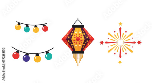 A festive collection of colorful lights, a lantern, and fireworks creates a celebratory atmosphere.