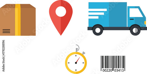 Delivery icons depict package, location, truck, stopwatch, and barcode.