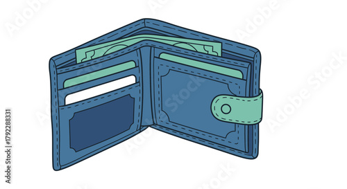 An open blue leather wallet is filled with cash and cards.