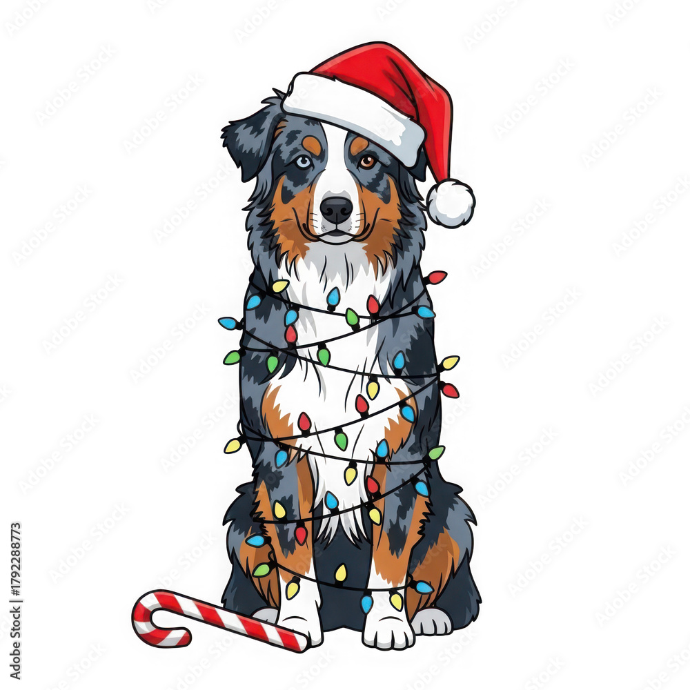 Fototapeta premium Australian shepherd dog wearing a santa hat and tangled in colorful christmas lights