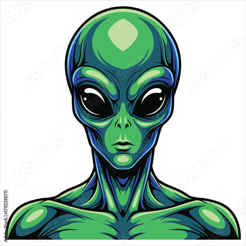 Green Alien Portrait with Large Eyes