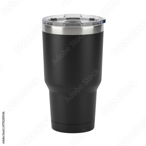 Tableau sur toile Black insulated travel tumbler with clear lid on transparent background