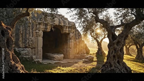 Exploring Ancient Cave with Sunrise in Olive Tree Grove