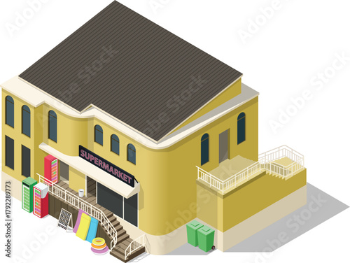 Isometric summer beach roadside supermarket