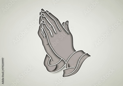 Stylized Praying Hands Illustration with Gray Tones and White Outline.