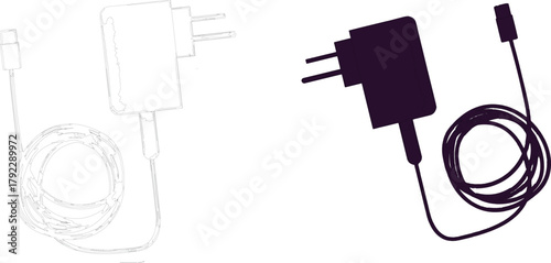 The image presents a split view of a charging adapter with an attached cable, showcasing two distinct styles. On the left side, there is a line drawing that outlines the shape of the adapter  