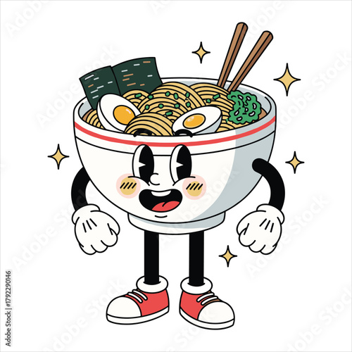 Cartoon Ramen Bowl Character with Googly Eyes and Red Sneakers