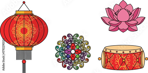 Red lantern, lotus flower, and drum represent Chinese culture and traditions.