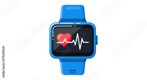 A vibrant blue smartwatch displays a heart rate monitor on its screen.