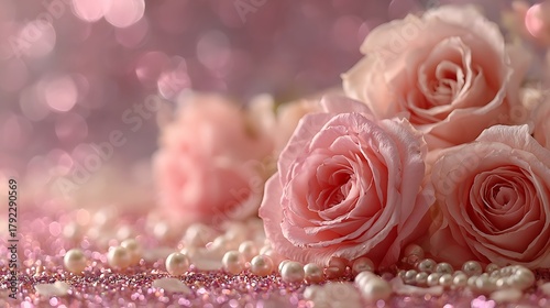 Soft focus pink roses and pearls with sparkling bokeh background for romantic occasions