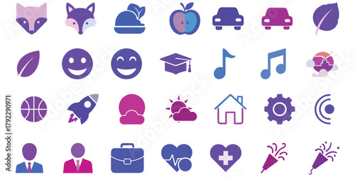 Diverse Icon Set with Purple and Blue Gradients