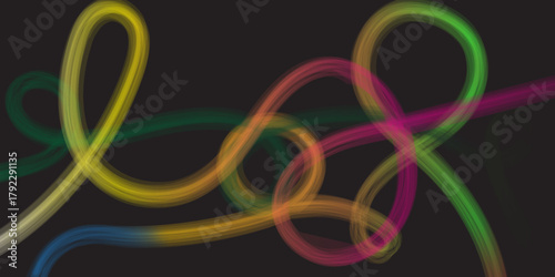 An abstract, energetic, luminous composition of multiple intertwining, continuous, thick, translucent brushstroke-like lines, each with a vibrant, smooth color gradient