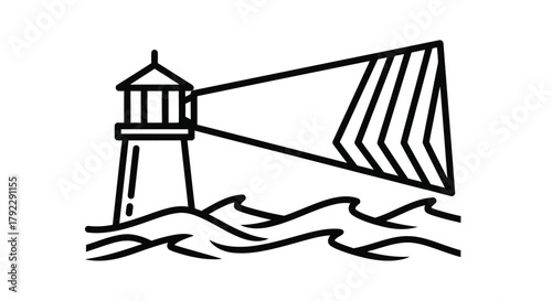 A lighthouse casts its beam across a wavy sea under a clear sky.