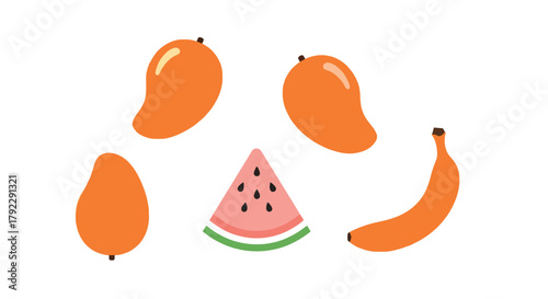 A vibrant collection of tropical fruits and a slice of watermelon is artfully arranged.