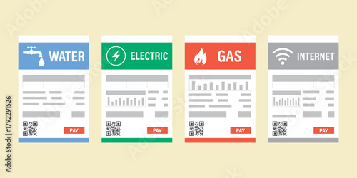 Set of utility bills for online payment. Paper bills for utilities and internet. Collection of bills templates.