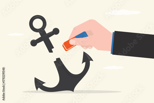 Businessman uses eraser and removed giant anchor. Crisis management and problem solving. Overcoming obstacles. Risk management.