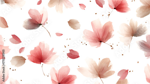Watercolor flowers and petals floating across a white background, forming a beautiful seamless pattern, evoking a sense of softness and natural beauty