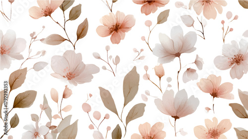 Gentle watercolor floral pattern creating a soft, natural background with artistic blossoms and botanical elements ideal for textile design, wedding invitations, or serene spring themes