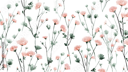 Delicate pink flowers and green leaves forming a seamless watercolor pattern on a white background, creating an elegant floral illustration ideal for spring and wedding designs