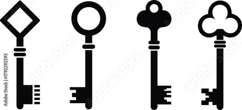 Four black silhouette antique keys with different bow shapes vintage keys key shapes