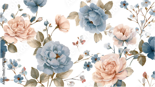 Delicate watercolor roses and blooming light blue flowers spread across a white textured background, forming a beautiful seamless pattern with a gentle, romantic, and vintage aesthetic