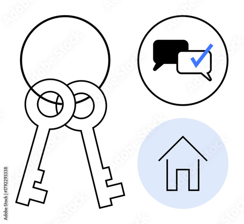 Two keys interlinked, speech bubbles with a checkmark, and a house outline. Ideal for real estate, home security, communication, agreements, trust property decision-making. Simple flat metaphor