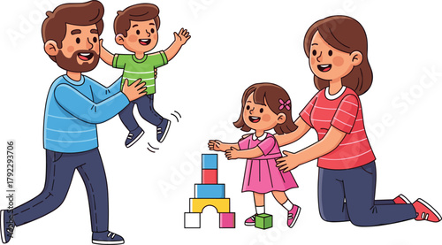 Cartoon family playing with children, block stacking and joyful lifting, parenting moment, bonding, childhood development, happiness, vector illustration, togetherness
