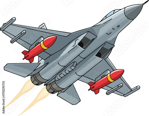 Modern Fighter Jet with Red Missiles Vector, Afterburners On, Minimalist Clean
