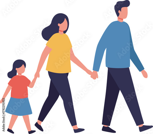 Cartoon family walking together, parents and child holding hands, age contrast, casual clothing, cheerful moment, vector illustration, white background