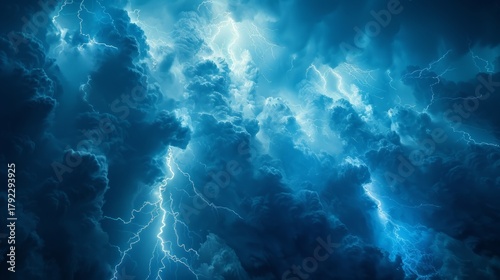 Dramatic sky with powerful lightning during a thunderstorm. Electric blue storm clouds and bolts of light. Natural weather phenomenon background