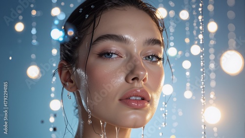 Artistic female portrait with wet hair and jewelry earrings, raindrops and abstract blue bokeh lights.