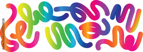 Colorful wavy text graphic with playful gradient colors and abstract shapes background