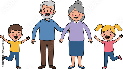 Cartoon grandparents with happy grandchildren, joyful family moment, age contrast, bonding, intergenerational connection, smiling characters, vector illustration, togetherness