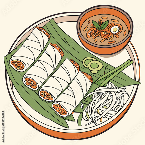 Illustration of fresh spring rolls with dipping sauce on a plate, garnished with herbs and vegetables.
