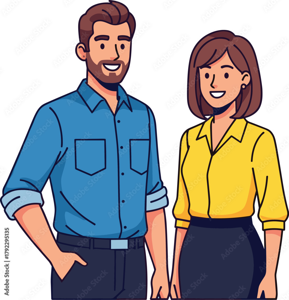 Naklejka premium Cartoon man and woman standing together, smiling characters, casual business attire, vector illustration, friendly pose, office people, professional look, teamwork concept