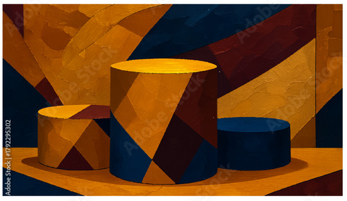 Abstract geometric display with cylinders and oil paint texture