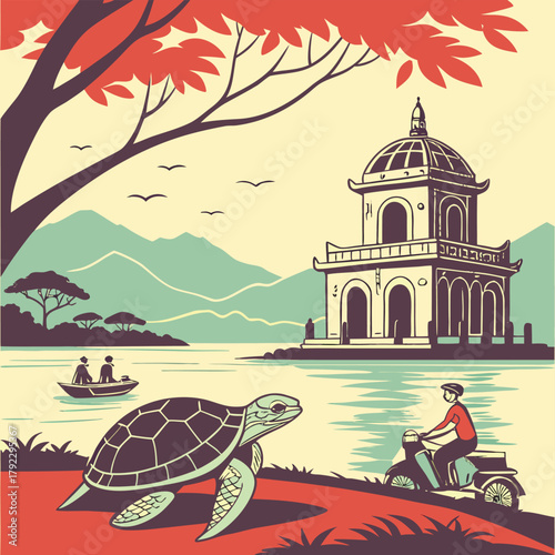 Scenic view of a lake with a turtle, temple, and person on a scooter.