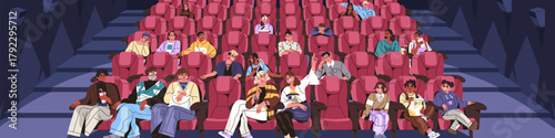 Diverse people sit on chairs in cinema and watch movie front view. Audience of theater with popcorn is at the film screening. Kids, men and women are on seats in the theatre. Flat vector illustration