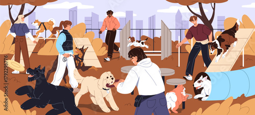 Owners are training their dogs in fenced playground. People play and teach cute animals in urban park. Men and women with puppies do agility in pet zone during walk. Flat vector illustration