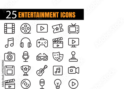 Modern Entertainment Vector Set | Minimal Outline Icons Collection | Creative Media and Fun Symbols | Flat Design Leisure Illustrations | Editable Line Art for Stock
