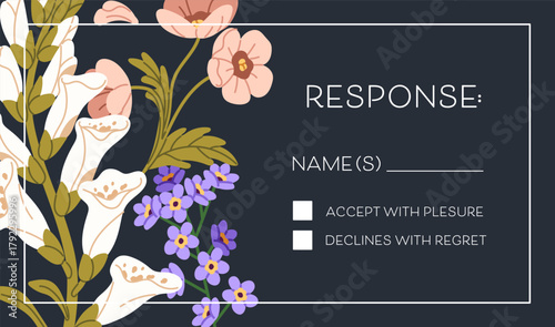 Design of response for wedding invitation with flowers. Template of reply save the date card with wildflowers, blooming plants and place for text. Layout with floral decor. Flat vector illustration