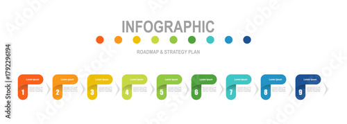 For business concept with 9 steps infographics,  shape with multicolor label, design for workflow layout, diagram, annual report, web design. vector illustration