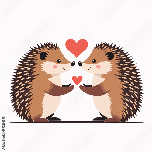 two hedgehogs facing each other holding a small love letter between them