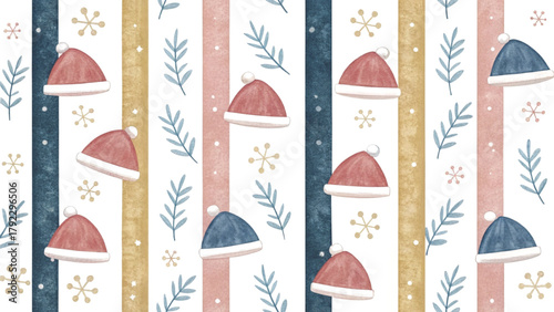 Santa hats minimalist watercolor style festive yet modern, white background Vector background 