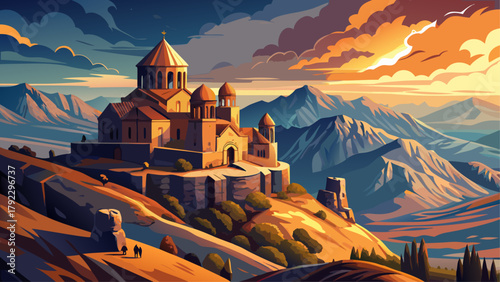 Very beautiful ancient Tatev Monastery overlooking a stunning sunset in Armenia, featuring dramatic evening sky, historic stone architecture perched on cliffs, and panoramic views of lush valleys, cap
