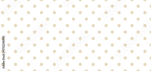 Seamless pattern of repeating small golden snowflakes or starburst icons on a clean white background. Minimalist, elegant, and festive Christmas or winter holiday background design, perfect for wrappi