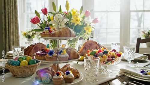 Setting Festive Dinner Table with Food and Flowers Indoors