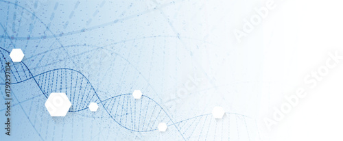 Futuristic hexagons, DNA strands, connected neural web