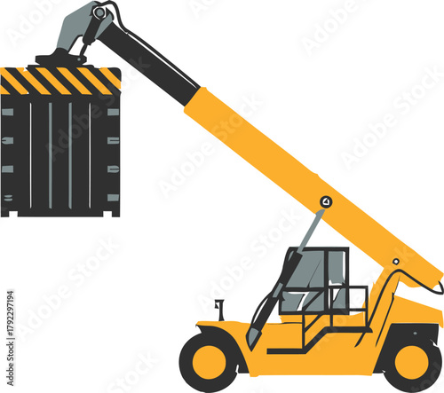 Reach Stacker Lifting Shipping Container Illustration, Container Handler at Port Terminal Vector